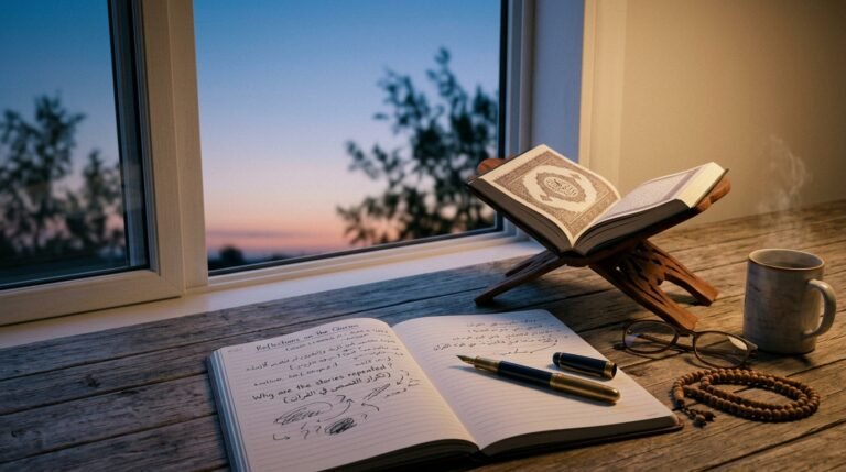 دفتر وقلم قرب نافذة تطل على سماء هادئة، في مشهد يرمز إلى التأمل وطرح الأسئلة حول تكرار القصص في القرآن.