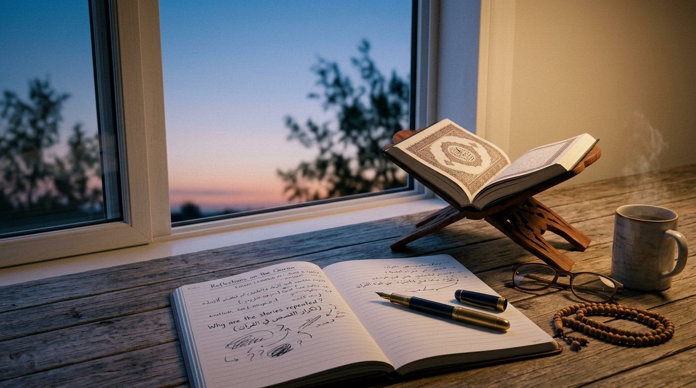 دفتر وقلم قرب نافذة تطل على سماء هادئة، في مشهد يرمز إلى التأمل وطرح الأسئلة حول تكرار القصص في القرآن.