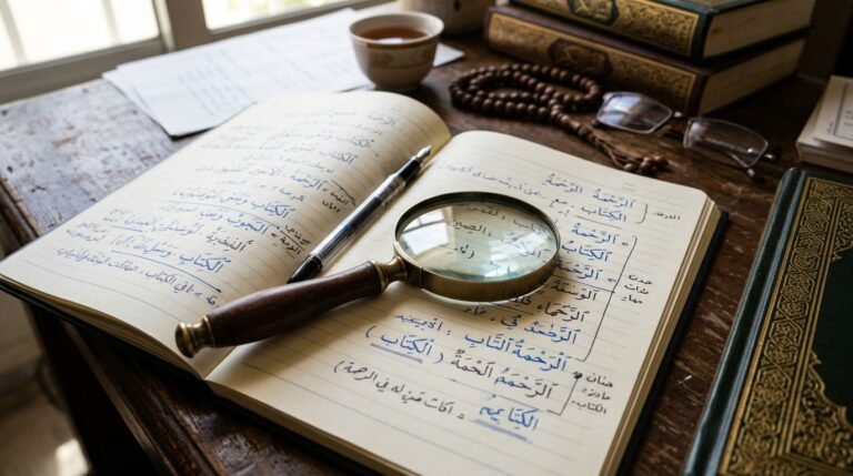 دفتر يحتوي على كلمات عربية مكتوبة بخط اليد مع عدسة مكبرة، في مشهد يرمز إلى دراسة المفردات القرآنية.
