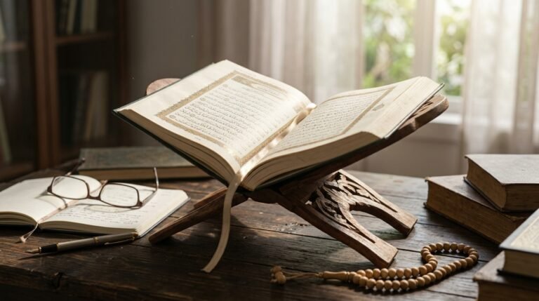 مصحف مفتوح بإضاءة طبيعية هادئة يرمز إلى تدبّر القرآن وقراءة الآيات في سياقها.