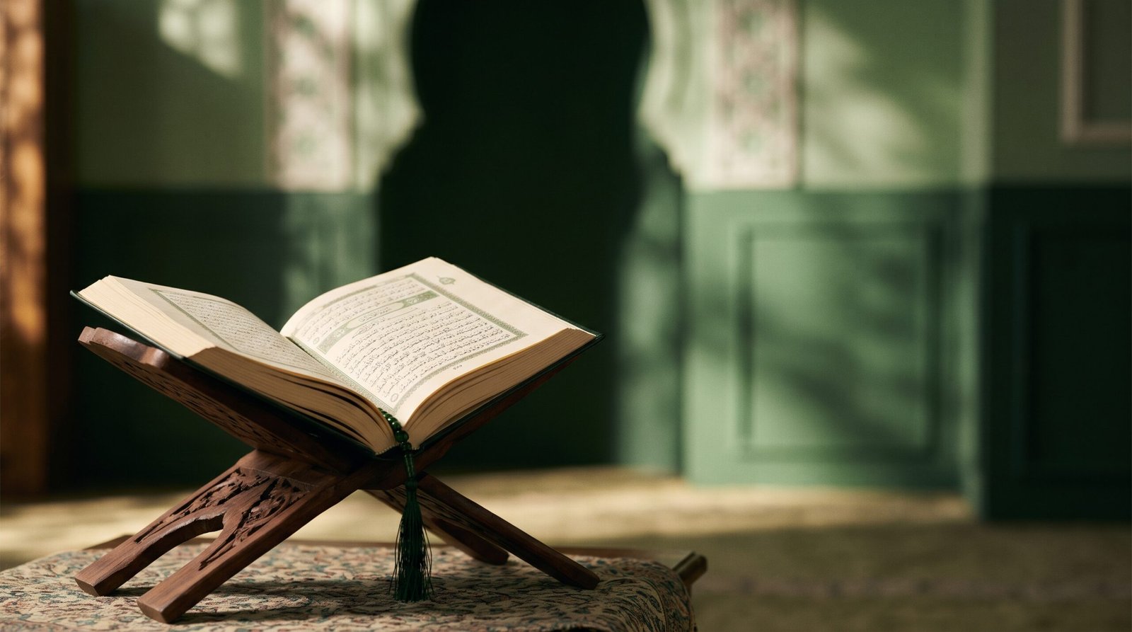 مصحف مفتوح على حامل خشبي في إضاءة هادئة، تعبيراً عن دراسة القراءات القرآنية