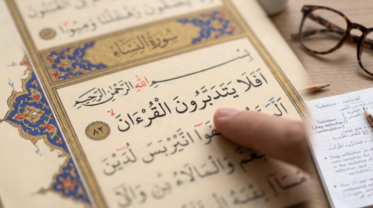 لقطة قريبة لصفحة من القرآن الكريم مكتوبة بالعربية، ترمز إلى دراسة ألفاظ القراءة والتلاوة.