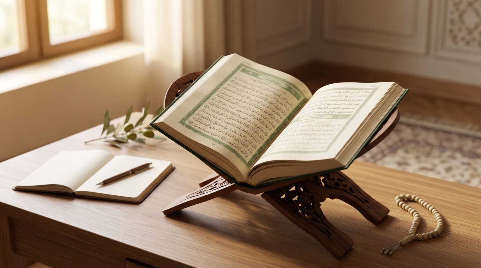 مصحف مفتوح بإضاءة طبيعية هادئة يرمز إلى تدبّر القرآن وقراءة الآيات في سياقها.