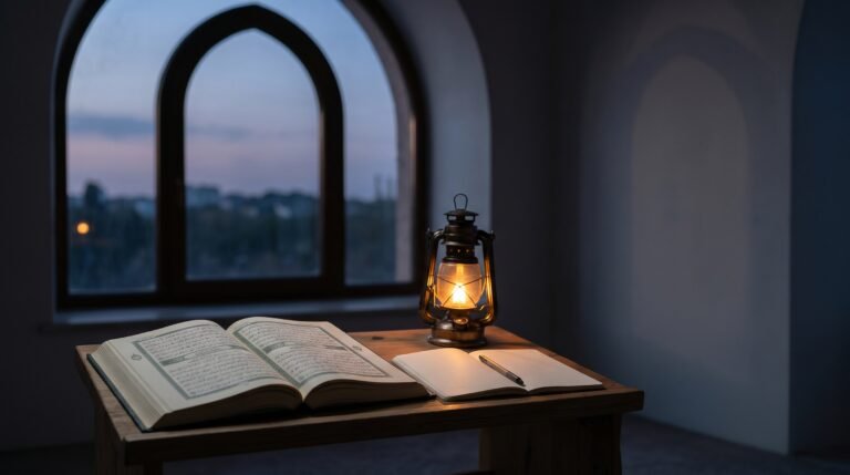مصحف مفتوح ودفتر قرب نافذة وقت الغروب، في مشهد يرمز إلى التأمل في تكرار القصص القرآنية.