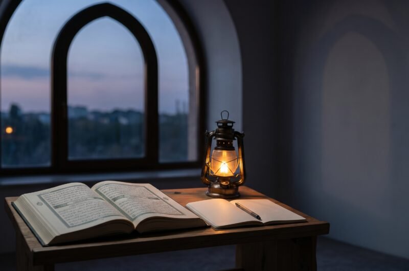 مصحف مفتوح ودفتر قرب نافذة وقت الغروب، في مشهد يرمز إلى التأمل في تكرار القصص القرآنية.
