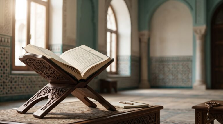 مصحف مفتوح على حامل خشبي داخل مكان هادئ مضاء بضوء طبيعي.