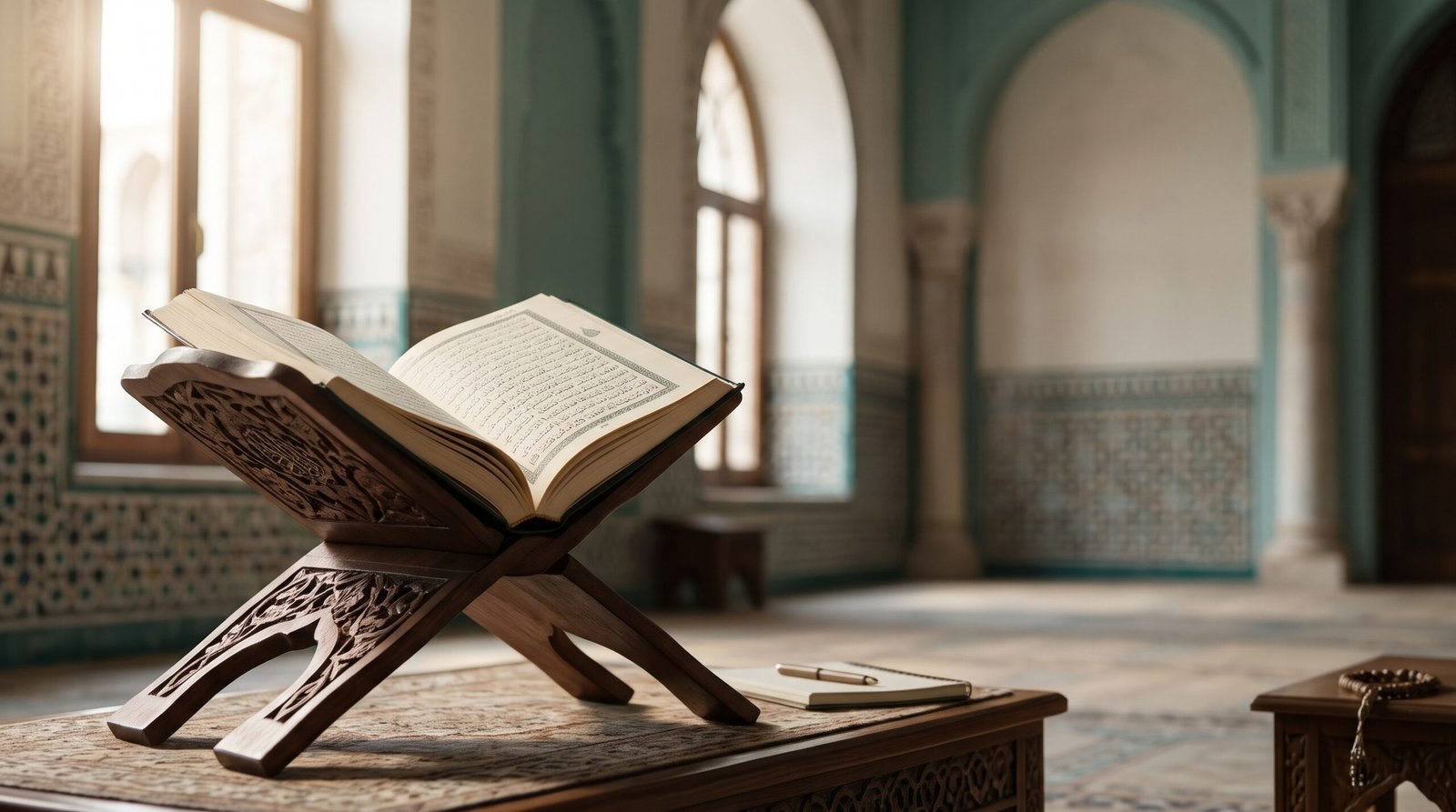 مصحف مفتوح على حامل خشبي داخل مكان هادئ مضاء بضوء طبيعي.