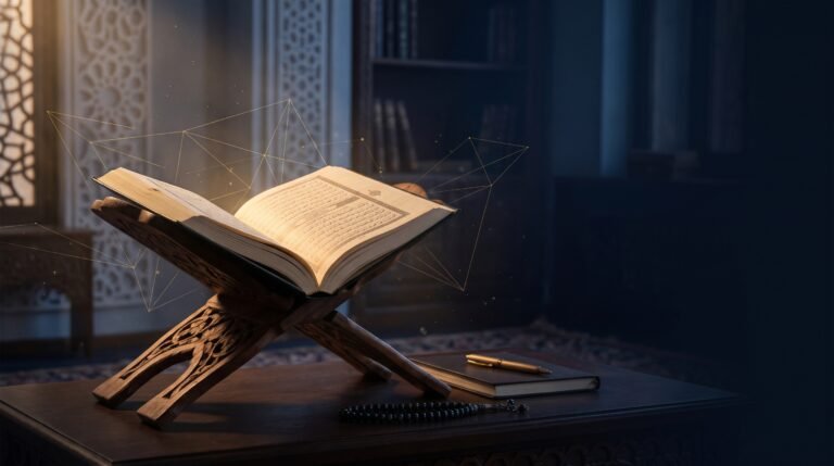 مصحف مفتوح بإضاءة ذهبية يرمز إلى دراسة ترتيب القرآن وترابط الآيات