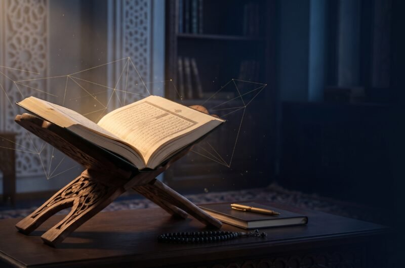 مصحف مفتوح بإضاءة ذهبية يرمز إلى دراسة ترتيب القرآن وترابط الآيات